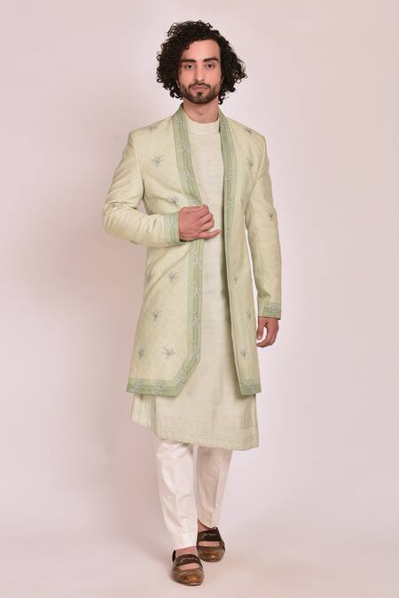 Buy_Jatin Malik_Blue Cotton , Slub Embroidered Jacket And Kurta Set _Online_at_Aza_Fashions