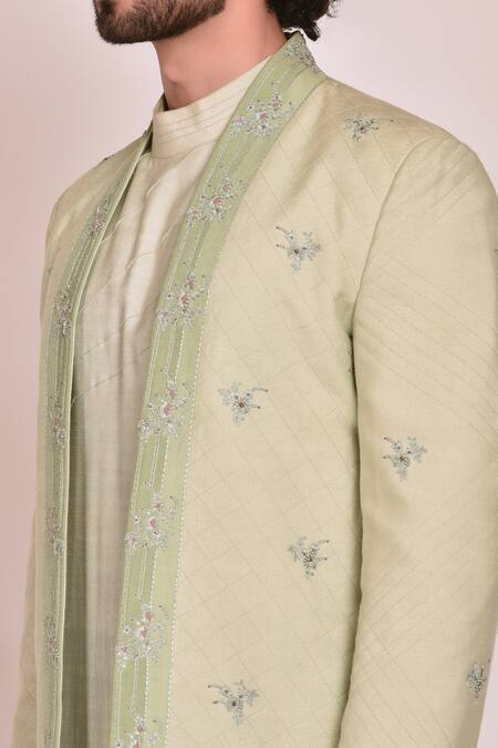 Jatin Malik_Blue Cotton , Slub Embroidered Jacket And Kurta Set _at_Aza_Fashions