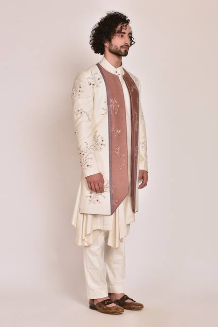 Jatin Malik_White Cotton , Slub Embroidered Jacket And Kurta Set _Online_at_Aza_Fashions