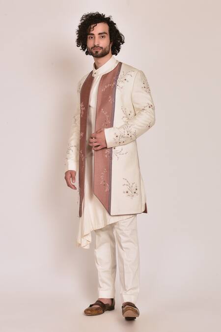 Shop_Jatin Malik_White Cotton , Slub Embroidered Jacket And Kurta Set _Online_at_Aza_Fashions