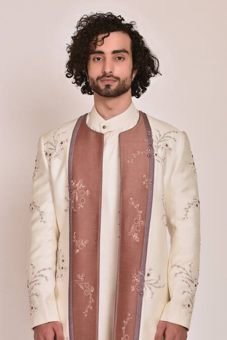 Jatin Malik_White Cotton , Slub Embroidered Jacket And Kurta Set _at_Aza_Fashions