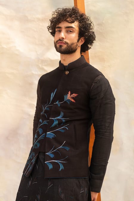 Shop Jatin Malik Black Cotton , Slub Hand-painted Bundi And Kurta Set at Aza Fashions Shop_Jatin Malik_Black Cotton , Slub Hand-painted Bundi And Kurta Set _at_Aza_Fashions