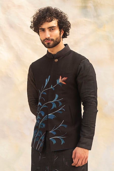Jatin Malik Black Cotton , Slub Hand-painted Bundi And Kurta Set Online at Aza Fashions Jatin Malik_Black Cotton , Slub Hand-painted Bundi And Kurta Set _Online_at_Aza_Fashions