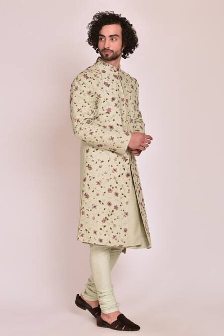 Jatin Malik_Blue Slub Silk Embroidered Sherwani Set _Online_at_Aza_Fashions
