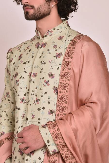 Shop_Jatin Malik_Blue Slub Silk Embroidered Sherwani Set _Online_at_Aza_Fashions