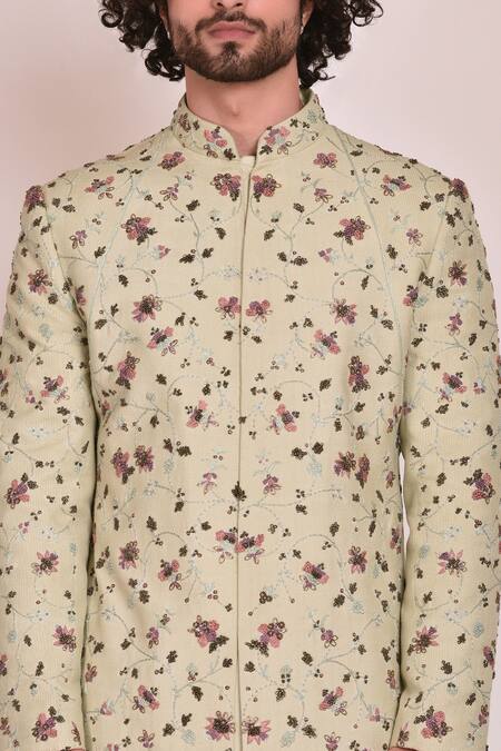 Jatin Malik_Blue Slub Silk Embroidered Sherwani Set _at_Aza_Fashions