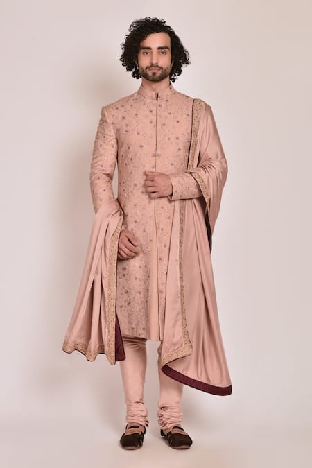 Jatin Malik Peach Slub Silk Embroidered Sherwani Set 
