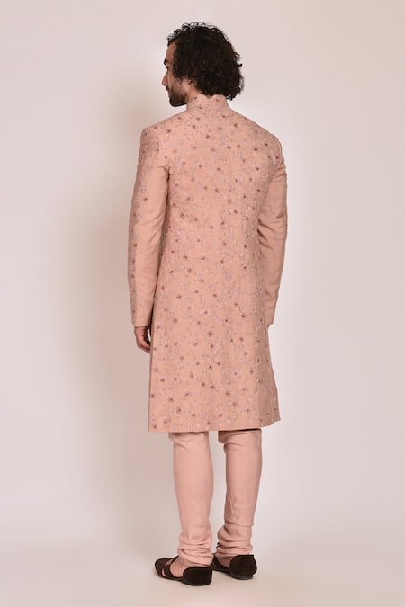 Shop_Jatin Malik_Peach Slub Silk Embroidered Sherwani Set _at_Aza_Fashions