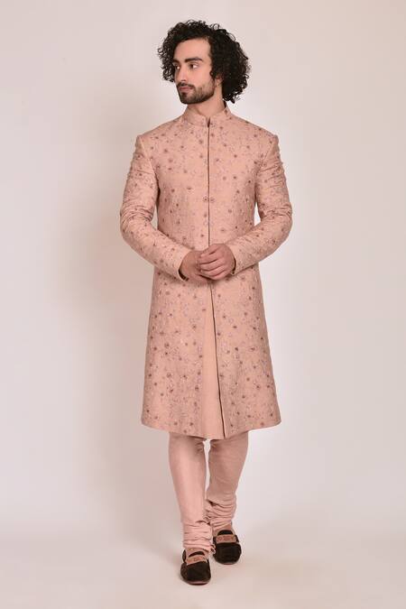 Jatin Malik_Peach Slub Silk Embroidered Sherwani Set _Online_at_Aza_Fashions