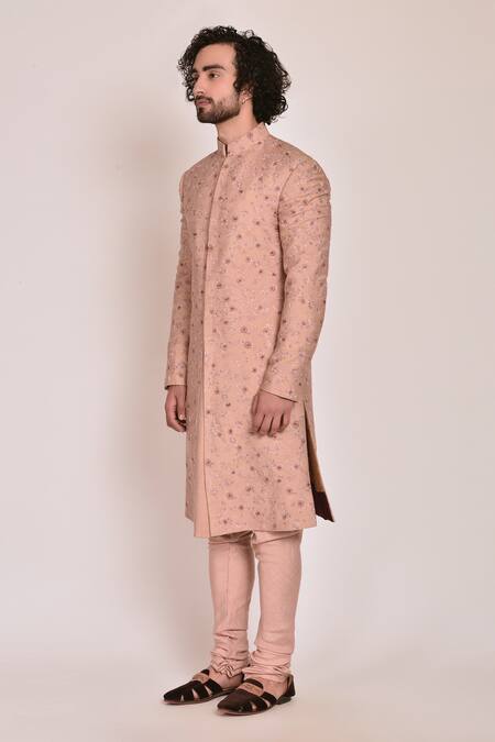 Buy_Jatin Malik_Peach Slub Silk Embroidered Sherwani Set _Online_at_Aza_Fashions
