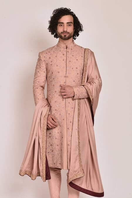 Shop_Jatin Malik_Peach Slub Silk Embroidered Sherwani Set _Online_at_Aza_Fashions