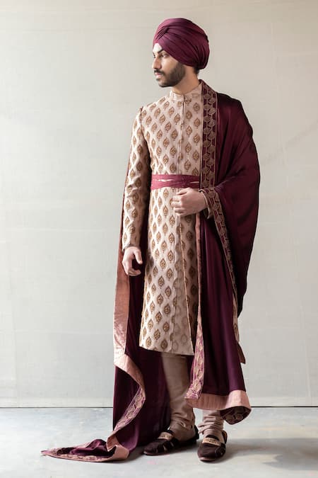 Jatin Malik Peach Slub Silk Embroidered Sherwani Set 