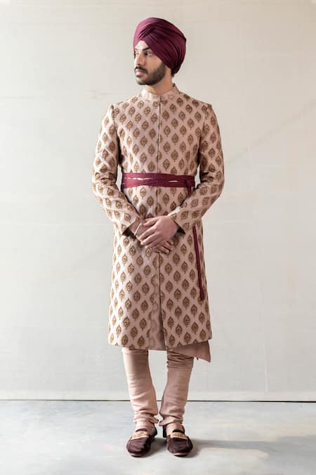Shop Jatin Malik Peach Slub Silk Embroidered Sherwani Set at Aza Fashions Shop_Jatin Malik_Peach Slub Silk Embroidered Sherwani Set _at_Aza_Fashions
