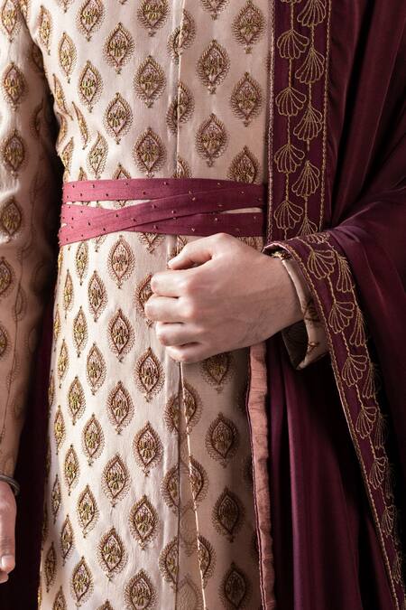 Shop Jatin Malik Peach Slub Silk Embroidered Sherwani Set Online at Aza Fashions Shop_Jatin Malik_Peach Slub Silk Embroidered Sherwani Set _Online_at_Aza_Fashions