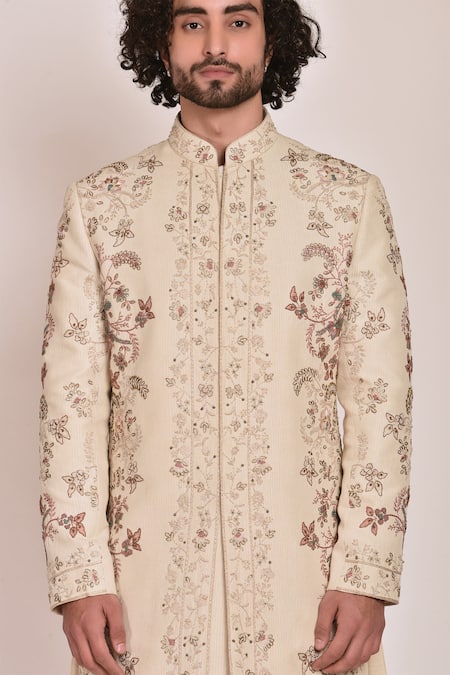 Shop_Jatin Malik_White Linen Silk Embroidered Sherwani Set _Online_at_Aza_Fashions