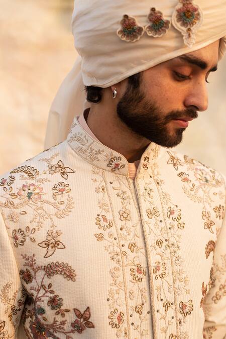 Jatin Malik White Linen Silk Embroidered Sherwani Set at Aza Fashions Jatin Malik_White Linen Silk Embroidered Sherwani Set _at_Aza_Fashions