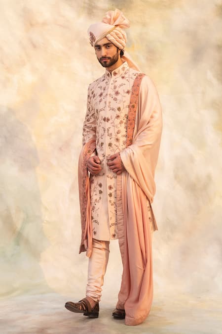 Jatin Malik Pink Linen Silk Embroidered Sherwani Set 