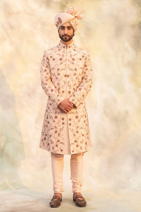 Shop_Jatin Malik_Pink Linen Silk Embroidered Sherwani Set _at_Aza_Fashions
