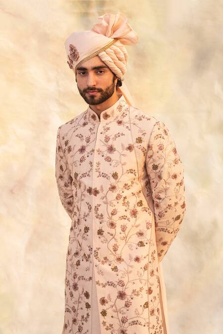 Jatin Malik_Pink Linen Silk Embroidered Sherwani Set _Online_at_Aza_Fashions