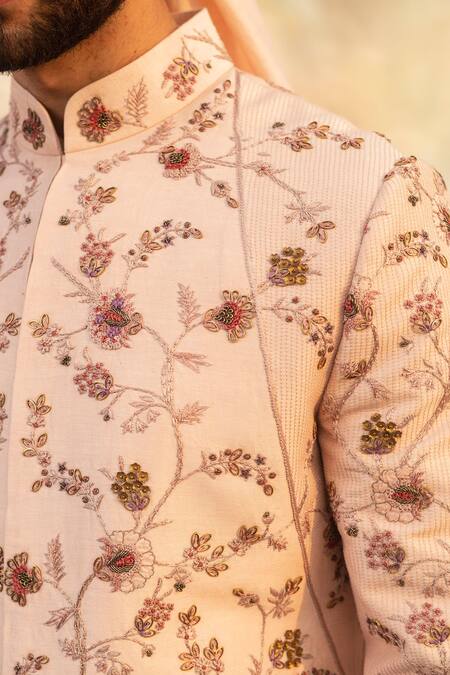Buy_Jatin Malik_Pink Linen Silk Embroidered Sherwani Set _Online_at_Aza_Fashions