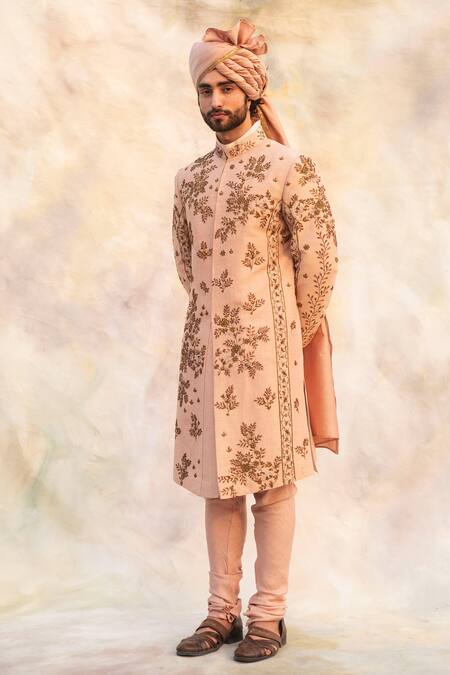 Shop Jatin Malik Peach Linen Silk Embroidered Sherwani Set at Aza Fashions Shop_Jatin Malik_Peach Linen Silk Embroidered Sherwani Set _at_Aza_Fashions