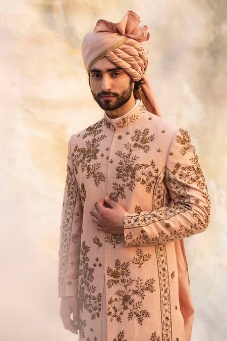 Buy Jatin Malik Peach Linen Silk Embroidered Sherwani Set Online at Aza Fashions Buy_Jatin Malik_Peach Linen Silk Embroidered Sherwani Set _Online_at_Aza_Fashions