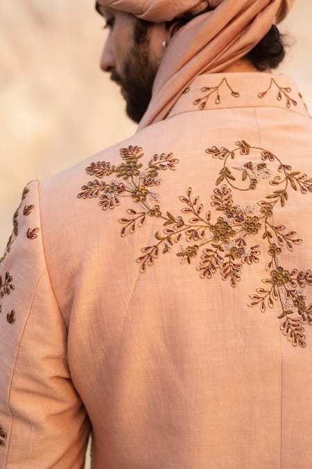 Shop Jatin Malik Peach Linen Silk Embroidered Sherwani Set Online at Aza Fashions Shop_Jatin Malik_Peach Linen Silk Embroidered Sherwani Set _Online_at_Aza_Fashions