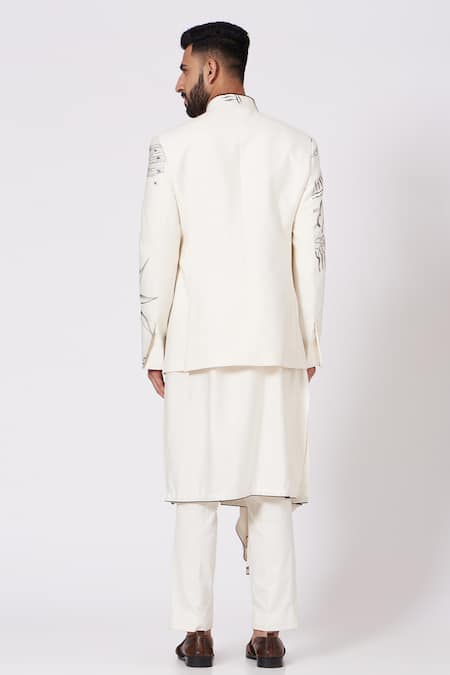Shop Jatin Malik White Slub Silk Hand-painted Bandhgala And Kurta Set at Aza Fashions Shop_Jatin Malik_White Slub Silk Hand-painted Bandhgala And Kurta Set_at_Aza_Fashions