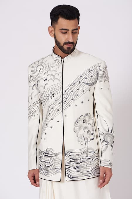 Shop Jatin Malik White Slub Silk Hand-painted Bandhgala And Kurta Set Online at Aza Fashions Shop_Jatin Malik_White Slub Silk Hand-painted Bandhgala And Kurta Set_Online_at_Aza_Fashions