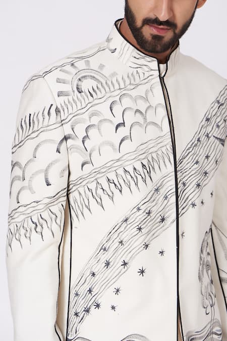 Jatin Malik White Slub Silk Hand-painted Bandhgala And Kurta Set at Aza Fashions Jatin Malik_White Slub Silk Hand-painted Bandhgala And Kurta Set_at_Aza_Fashions
