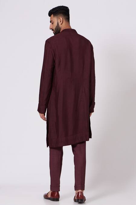 Shop Jatin Malik Maroon Slub Silk Asymmetric Kurta Set at Aza Fashions Shop_Jatin Malik_Maroon Slub Silk Asymmetric Kurta Set _at_Aza_Fashions
