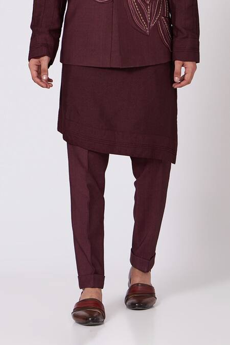 Jatin Malik_Maroon Slub Silk Embroidered Bundi And Kurta Set_Online_at_Aza_Fashions