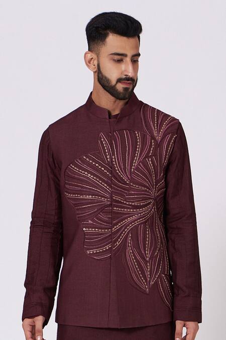 Buy_Jatin Malik_Maroon Slub Silk Embroidered Bundi And Kurta Set_Online_at_Aza_Fashions