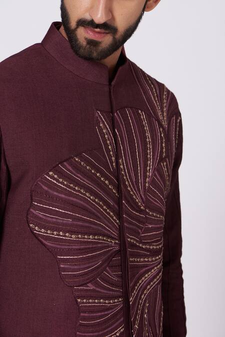 Shop_Jatin Malik_Maroon Slub Silk Embroidered Bundi And Kurta Set_Online_at_Aza_Fashions