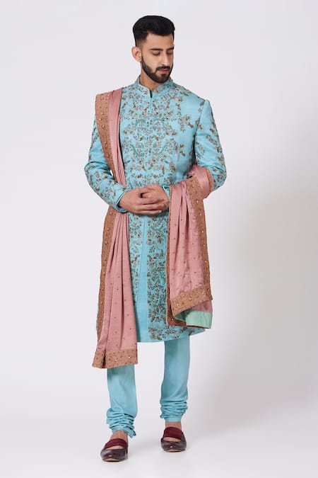 Jatin Malik Blue Linen Silk Sherwani Set 