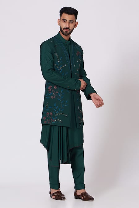 Jatin Malik Green Slub Silk Hand-painted Jacket And Pant Set 