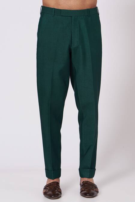 Jatin Malik_Green Slub Silk Hand-painted Jacket And Pant Set_Online_at_Aza_Fashions