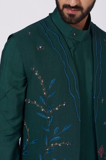 Buy_Jatin Malik_Green Slub Silk Hand-painted Jacket And Pant Set_Online_at_Aza_Fashions