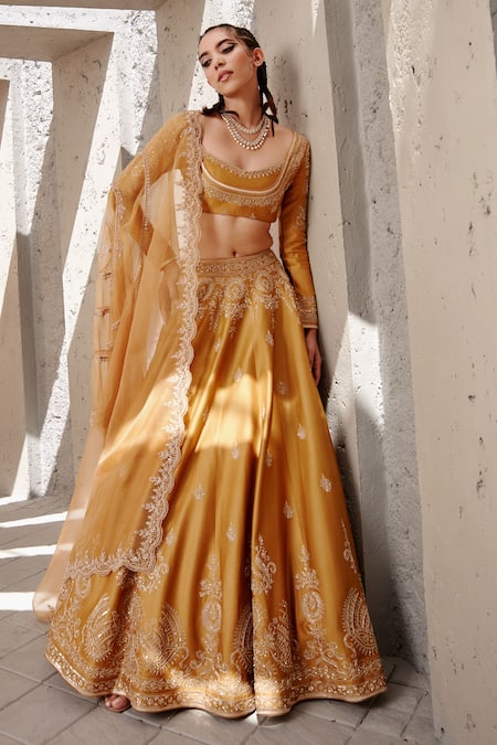 Jigar Mali Yellow Chanderi Embroidery Dori U Neck Lehenga Set 