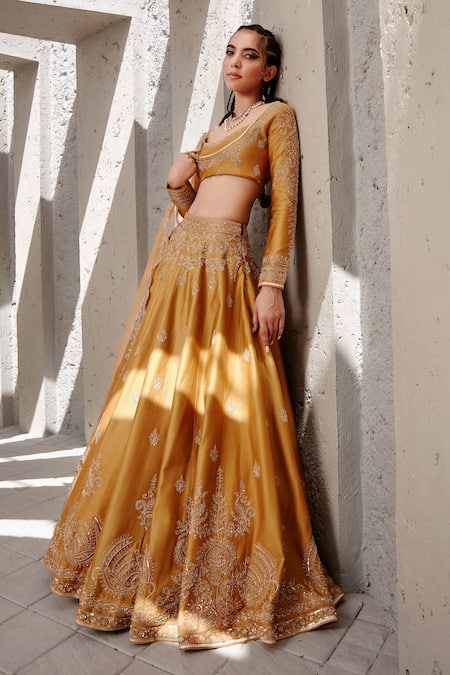 Jigar Mali_Yellow Organza, Chanderi Dori, Floral, Aari U Neck Embroidered Lehenga Set _Online_at_Aza_Fashions