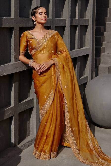 Buy_Jigar Mali_Yellow Chanderi Embroidery Dori V Neck Saree With Blouse _Online_at_Aza_Fashions