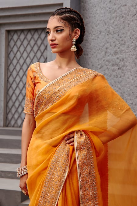Classic Golden Thread Embroidered Tangy Orange Saree – TrendOye