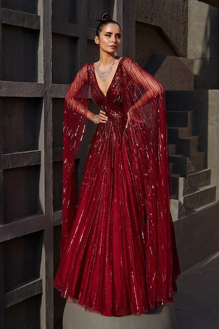 Jigar Mali Red Butterfly Net Embellished Sequin Plunge Neck Gown For Women