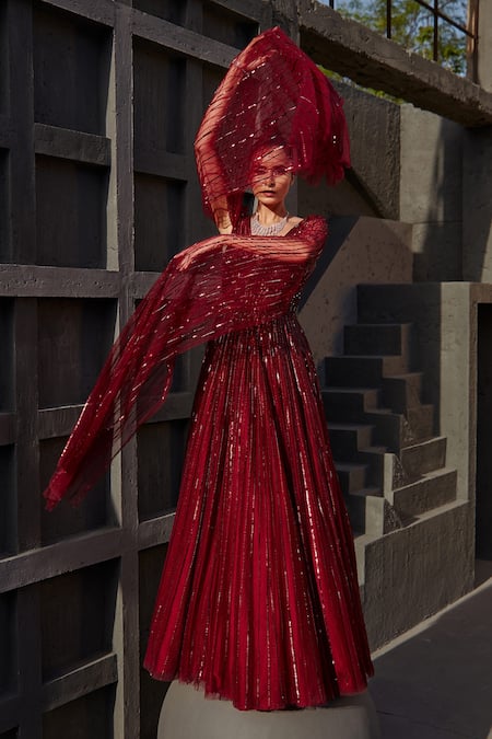 Jigar Mali_Red Butterfly Net Sequin Plunge Neck Embellished Gown _Online_at_Aza_Fashions
