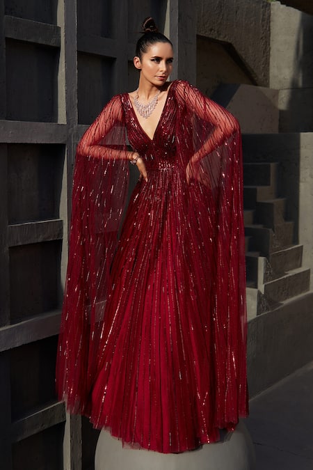 Buy_Jigar Mali_Red Butterfly Net Sequin Plunge Neck Embellished Gown _Online_at_Aza_Fashions