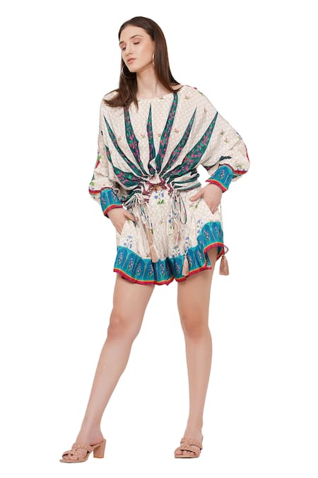 Limerick By Abirr N' Nanki Off White Crepe Moroccan And Floral Print Jolene Shorts 