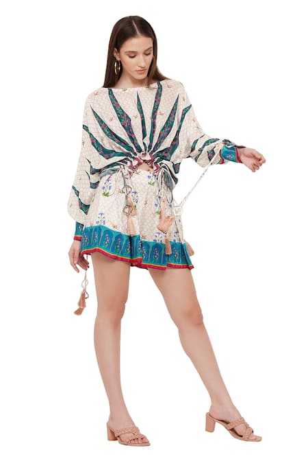 Shop Limerick By Abirr N' Nanki Off White Crepe Moroccan And Floral Print Jolene Shorts Online at Aza Fashions Shop_Limerick By Abirr N' Nanki_Off White Crepe Moroccan And Floral Print Jolene Shorts _Online_at_Aza_Fashions