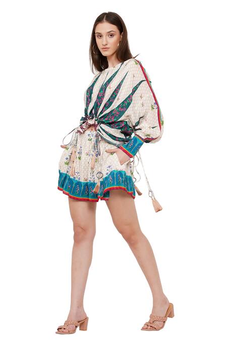 Shop Limerick By Abirr N' Nanki Multi Color Crepe Moroccan And Floral Print Boat Jolene Top Online at Aza Fashions Shop_Limerick By Abirr N' Nanki_Multi Color Crepe Moroccan And Floral Print Boat Jolene Top_Online_at_Aza_Fashions