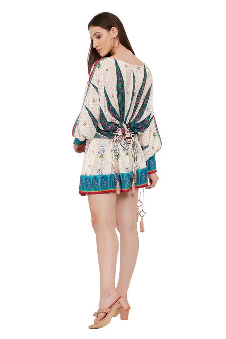 Shop Limerick By Abirr N' Nanki Multi Color Crepe Moroccan And Floral Print Boat Jolene Top at Aza Fashions Shop_Limerick By Abirr N' Nanki_Multi Color Crepe Moroccan And Floral Print Boat Jolene Top_at_Aza_Fashions