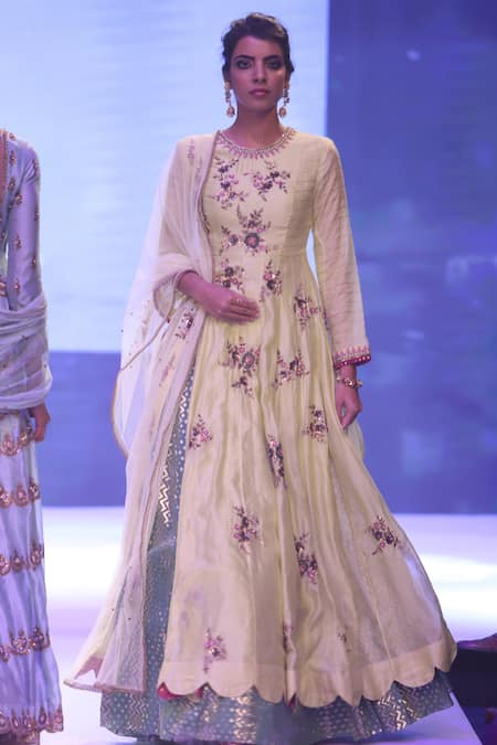 Joy Mitra Blue Embroidery Flower Round Chanderi Silk Kurta Lehenga Set 